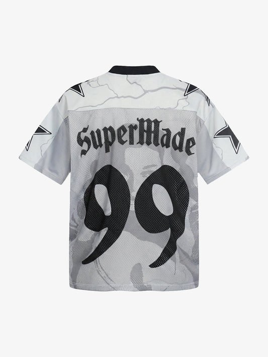 Mesh V-Neck SuperMade Graphic T-Shirt with Star Print and Transparent Overlay 