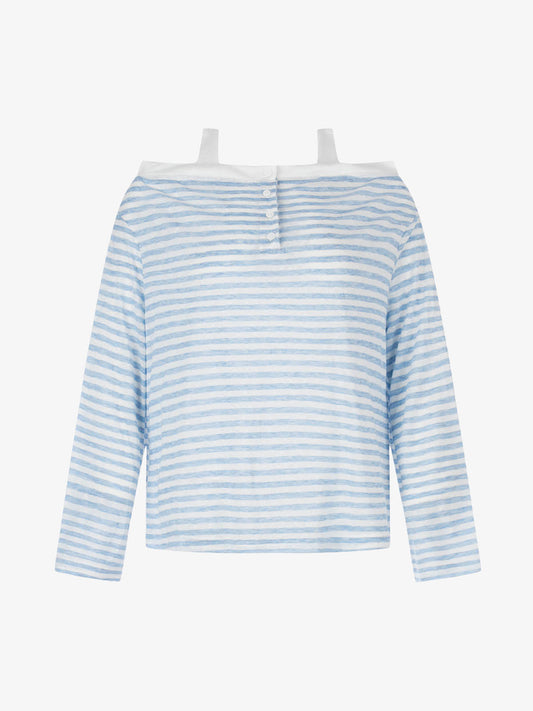 Striped Off-Shoulder Henley T-Shirt 