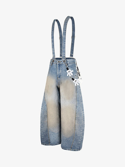 Washed Distressed Detachable Overalls Jeans 