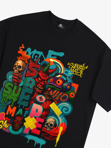 Trendy Multicolor Graffiti Skull Graphic T-Shirt 