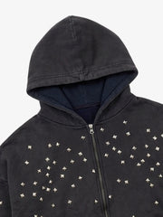 Metallic Studded Boxy Fit Zip-Up Hoodie