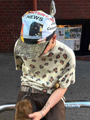 Newspaper Print Lace-Up Brim Cap 