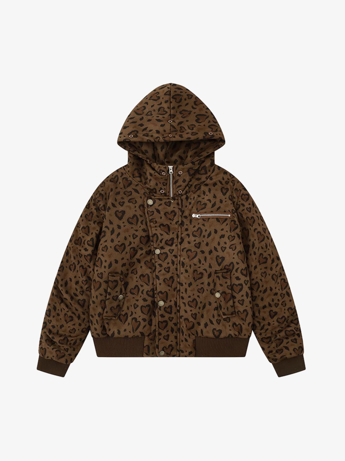 Detachable Fur Collar Heart Leopard Print Bomber Jacket 