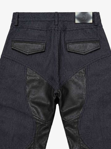 Leather-Paneled Moto Zip Straight-Leg Jeans