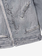 Devil Graphic Studded Heavyweight Biker Denim Jacket