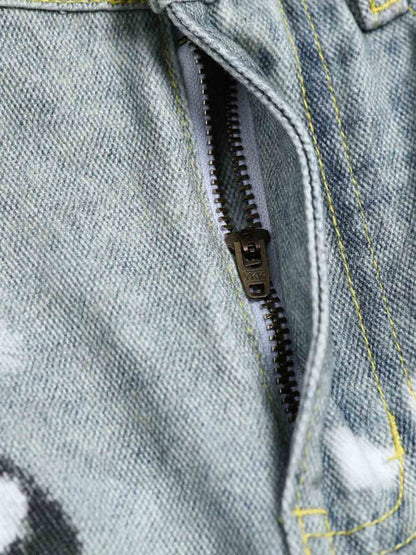 Denim Painted Animal Print Wide Leg Jeans with Cartoon Cat Dog Design 