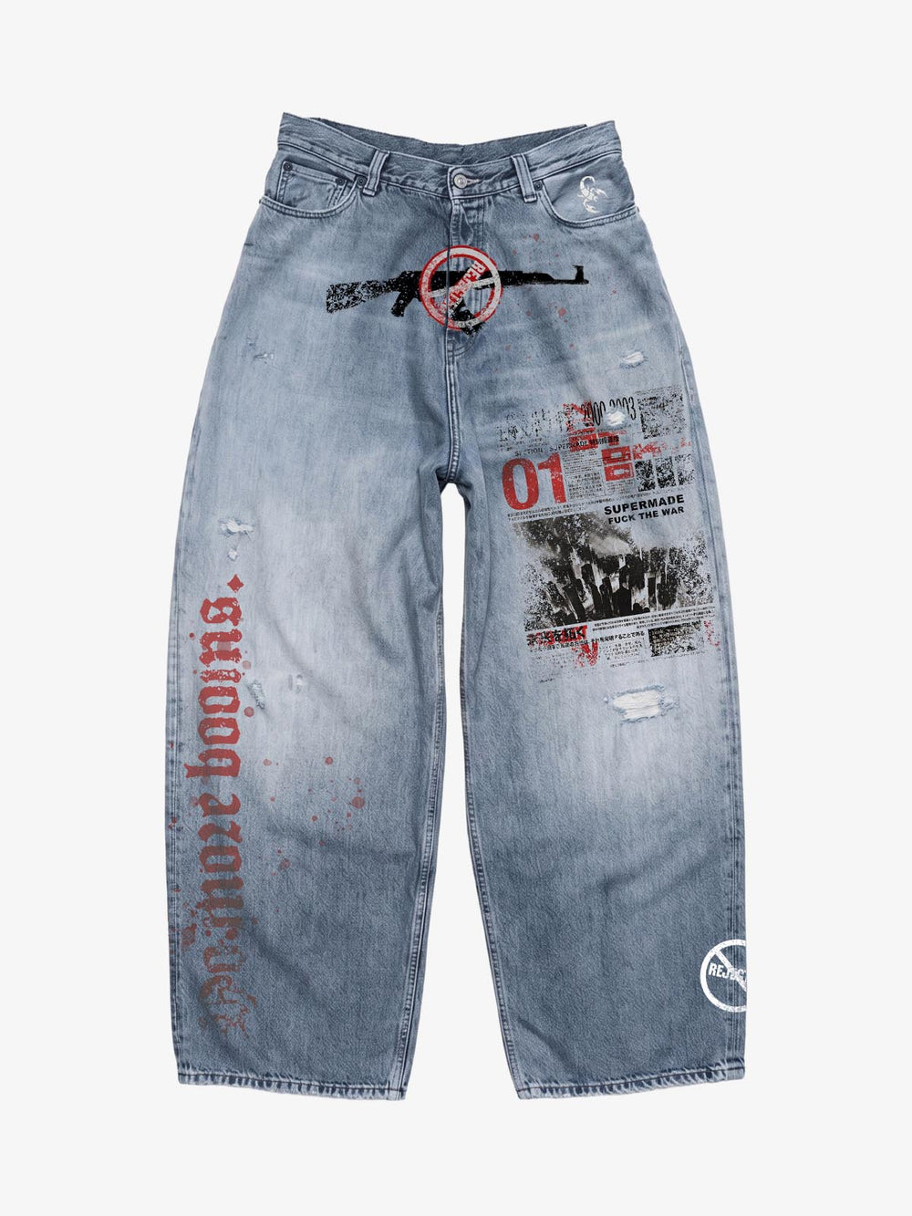 No More Booms Graphic Baggy Scimitar Jeans