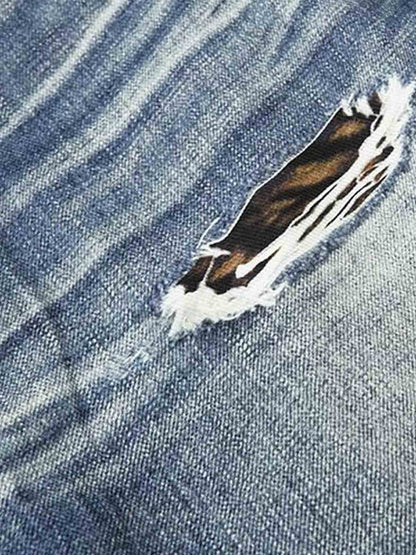 Denim Wide Leg Jeans with Tiger Print Patchwork and Ripped Details 