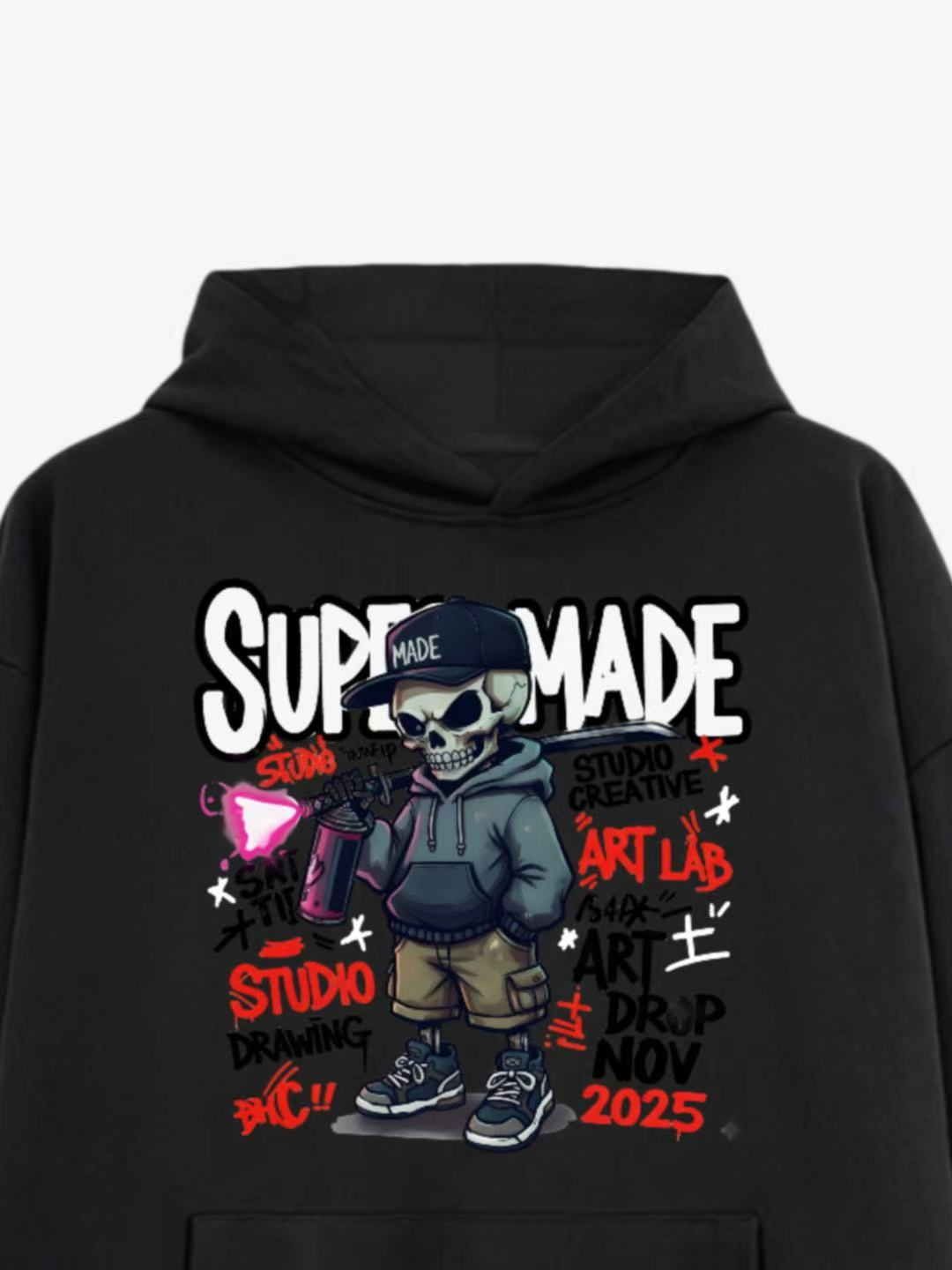 Black Hoodie with Skull Graphic Design 