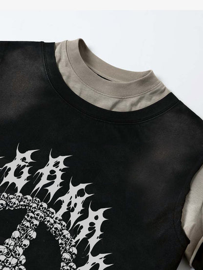 Cotton Blend Long Sleeve T-Shirt with Peace Symbol Skull Print and "End the War" Graphic Design 