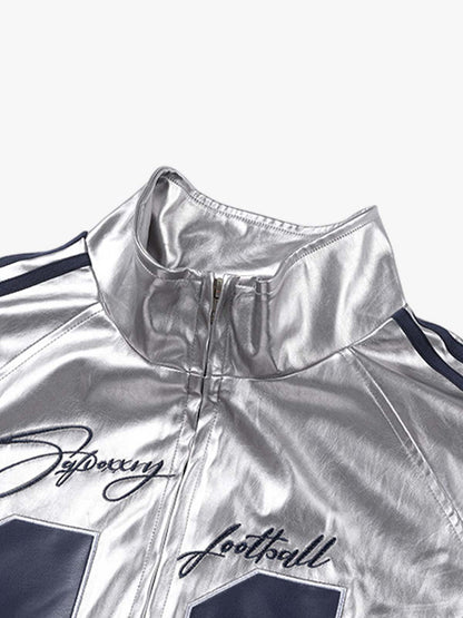 Reflective Metallic Track Jacket with Pink Accents for Sporty Elegance 