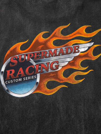 Flame Wing Biker Graphic Washed Distressed Hoodie