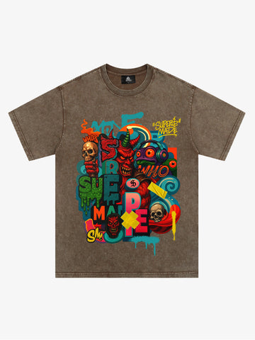 Trendy Multicolor Graffiti Skull Graphic T-Shirt 