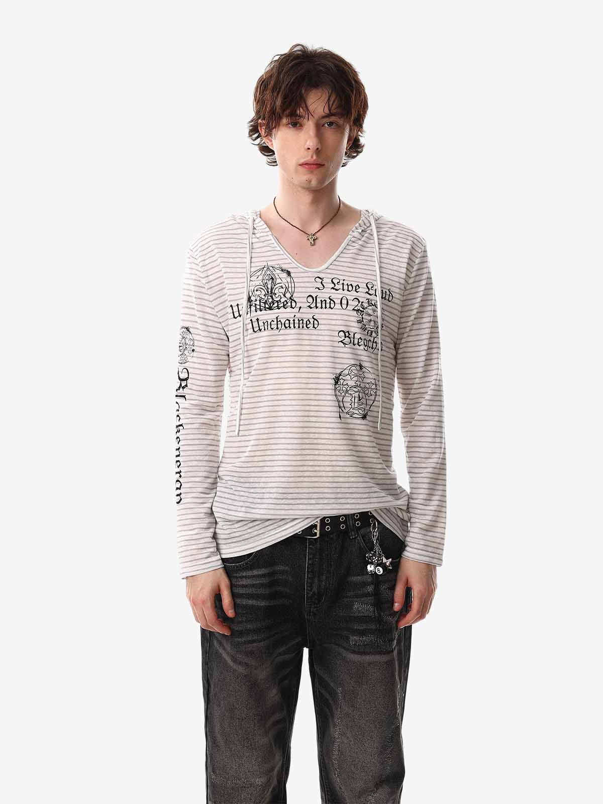 Graphic Print and V-Neck Striped Long Sleeve Hooded T-Shirt