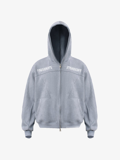 Stylish Black Hooded Zip-Up Jacket with Bold Typography Design 