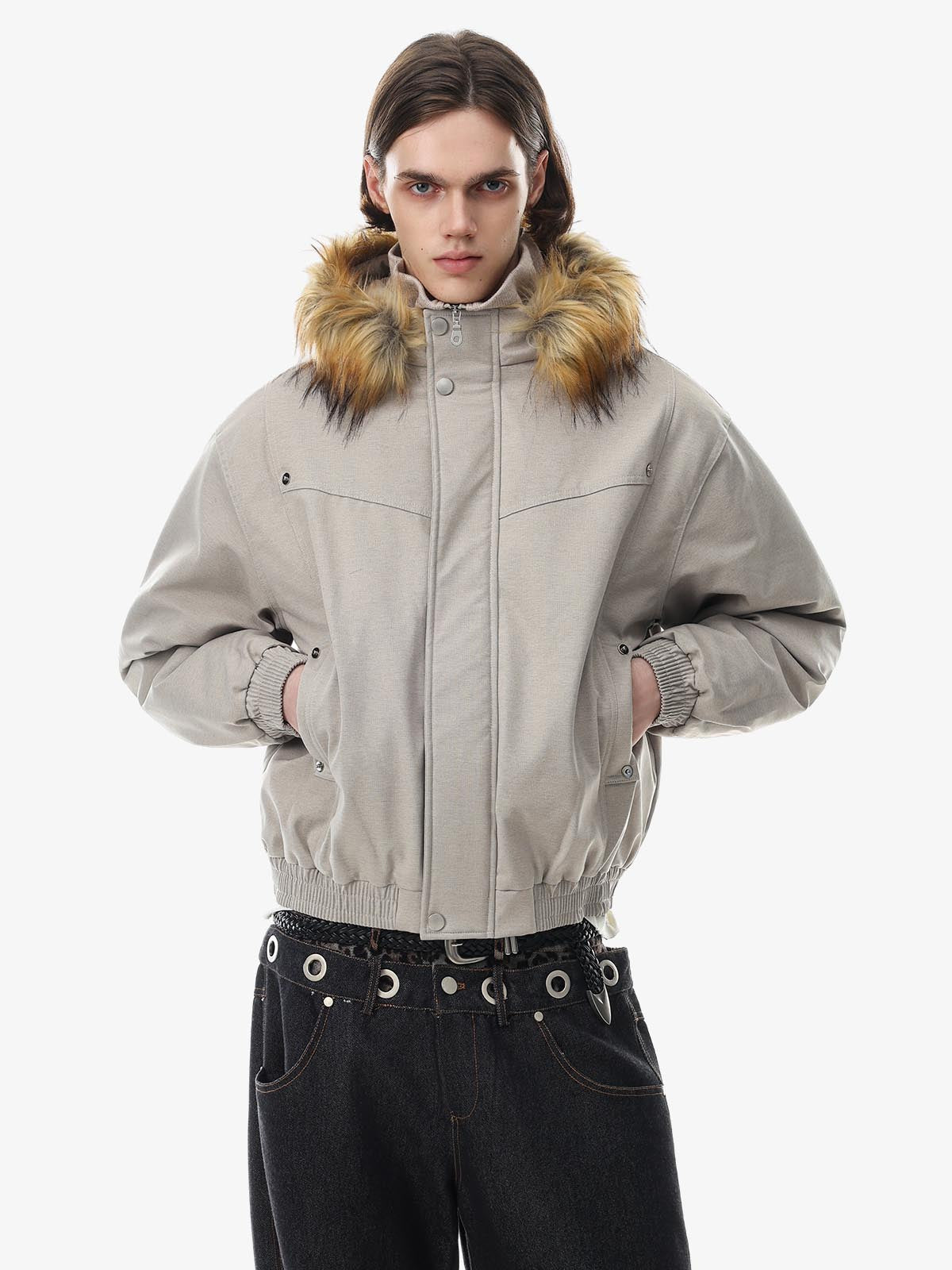 Deconstructed Layered Hooded Faux-Fur Collar Puffer Jacket