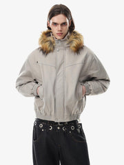 Deconstructed Layered Hooded Faux-Fur Collar Puffer Jacket
