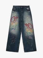 Retro Rhinestone Letter Embroidery Distressed Baggy Jeans 