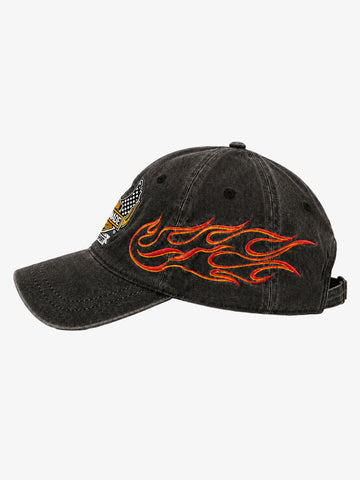 Flame Embroidered Distressed-Wash Baseball Cap