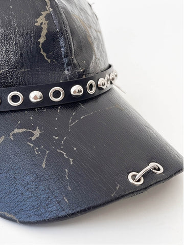 Distressed Studded Dog-Ear Faux Leather Cap