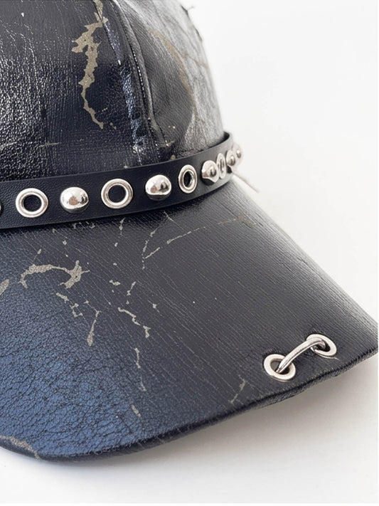 Distressed Studded Dog-Ear Faux Leather Cap