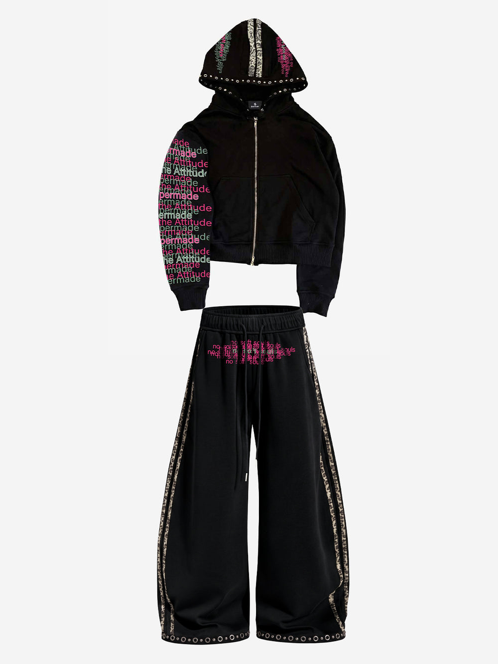 Leopard-Trim Studded Graphic Hoodie & Curved Pants Set