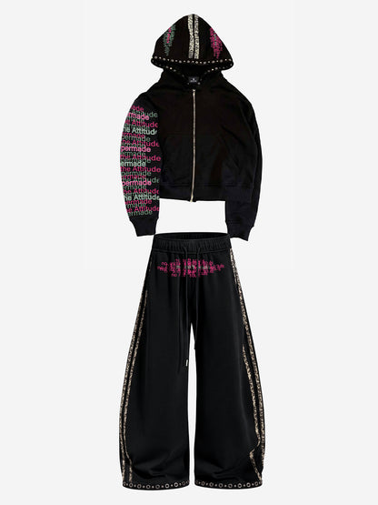 Leopard-Trim Studded Graphic Hoodie & Curved Pants Set