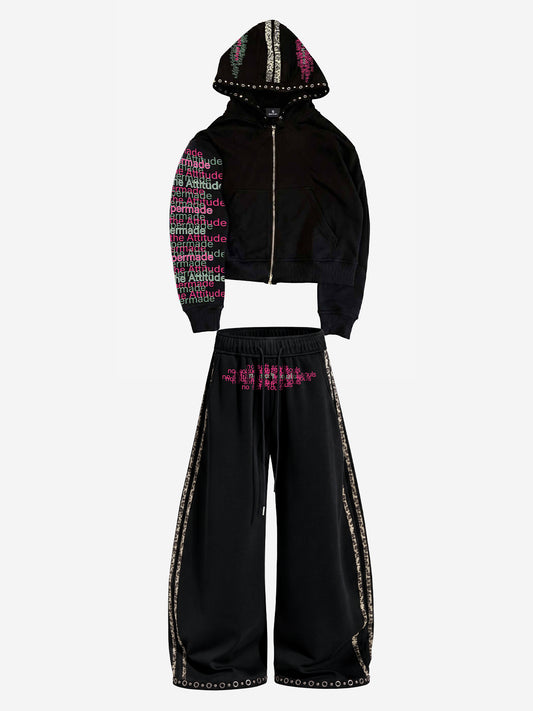 Leopard-Trim Studded Graphic Hoodie & Curved Pants Set