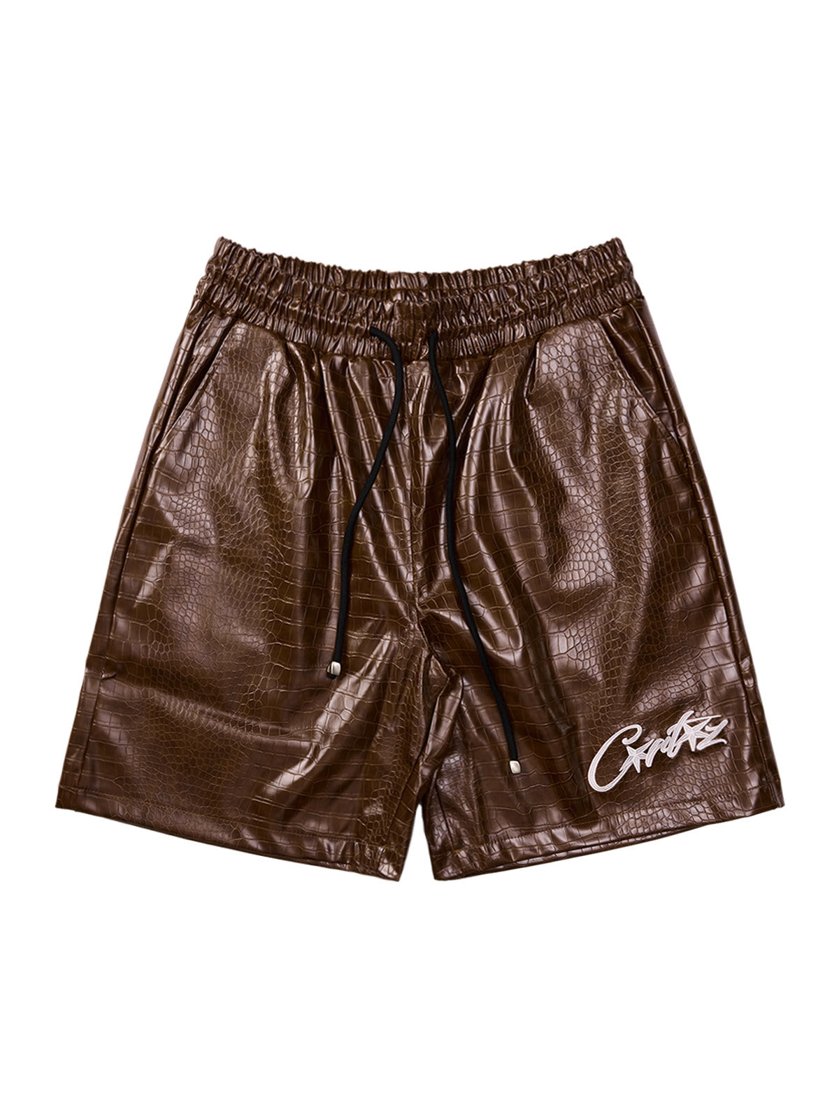 Letter Embroidered Leather Shorts
