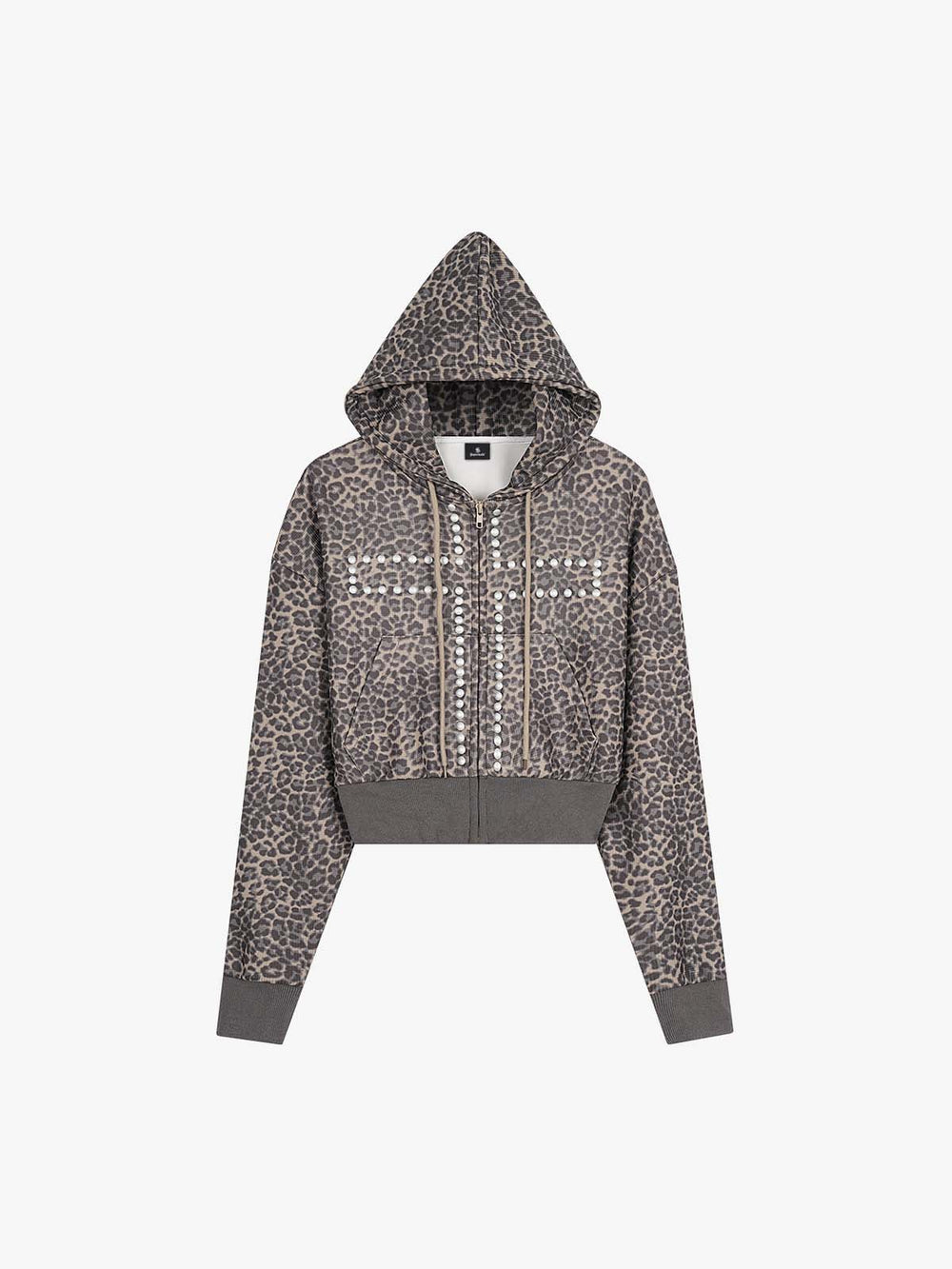 Leopard Print Stud Detail Cropped Zip-Up Hoodie