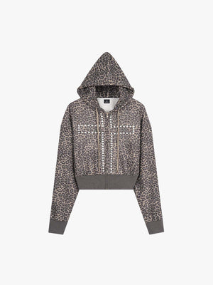 Leopard Print Stud Detail Cropped Zip-Up Hoodie