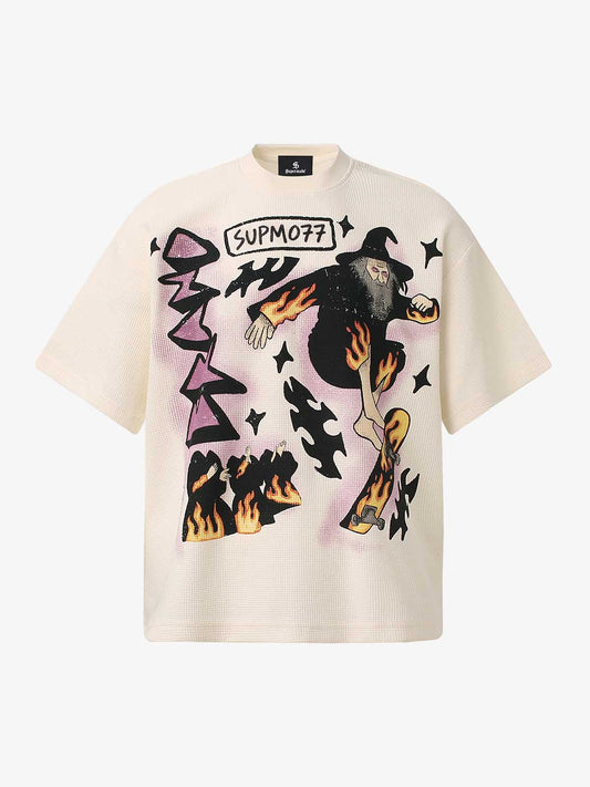 Cotton Waffle Knit Graphic T-Shirt with The Supermade Records Print for Men 