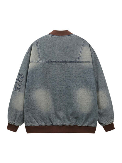 Thesupermade Alphabet Patch Embroidered Quilted Denim Bomber Jacket - 2311 