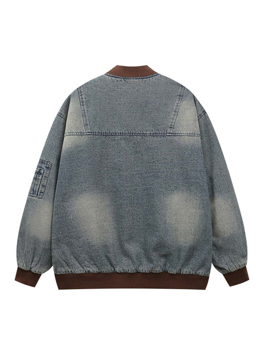 Thesupermade Alphabet Patch Embroidered Quilted Denim Bomber Jacket - 2311 