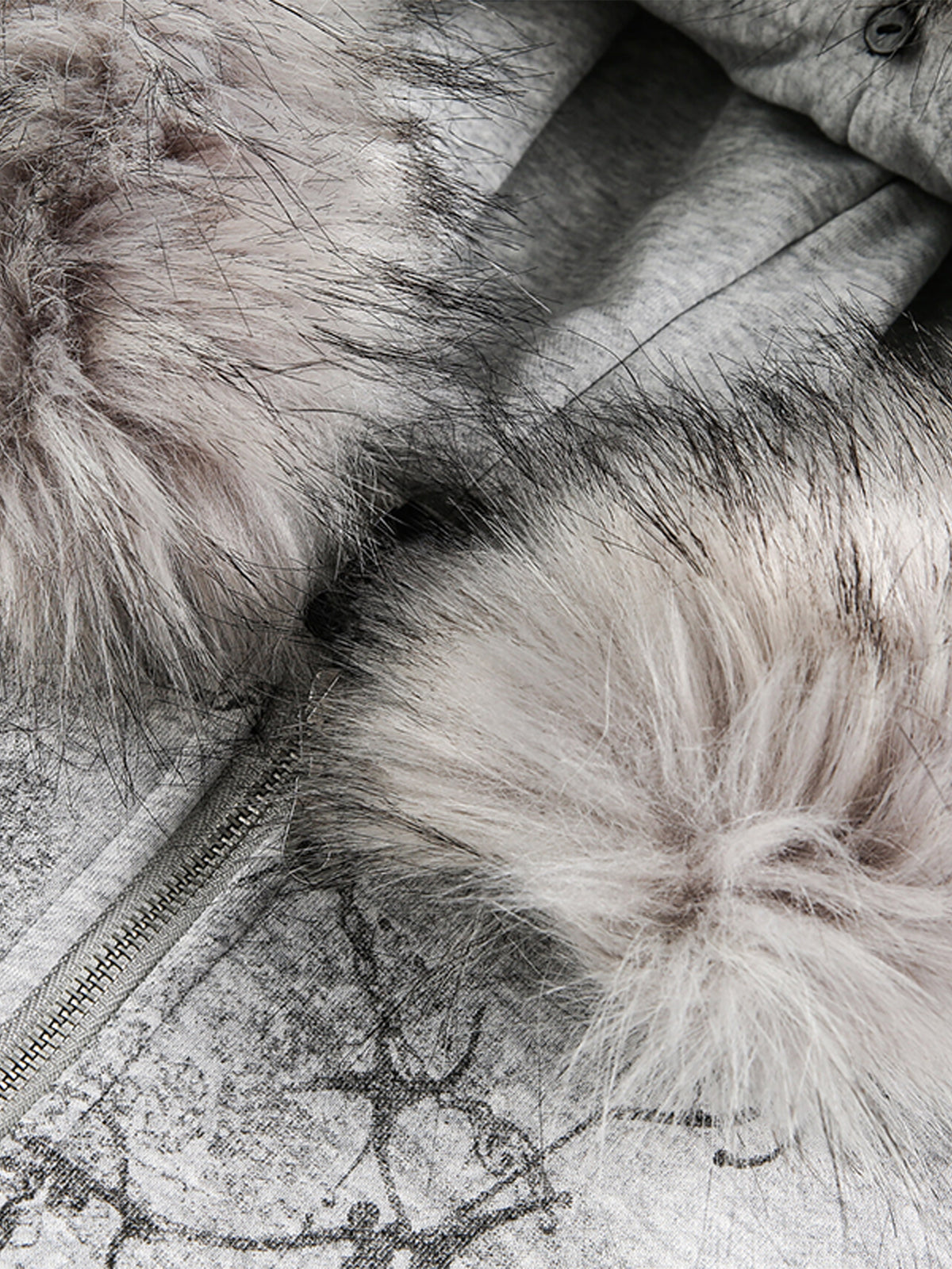 Thesupermade Detachable Fur Collar Half-zip Printed Hooded Cardigan Sweatshirt 