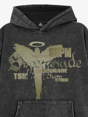 Vintage Washed Angel Halo Distressed Letter Graphic Hoodie 