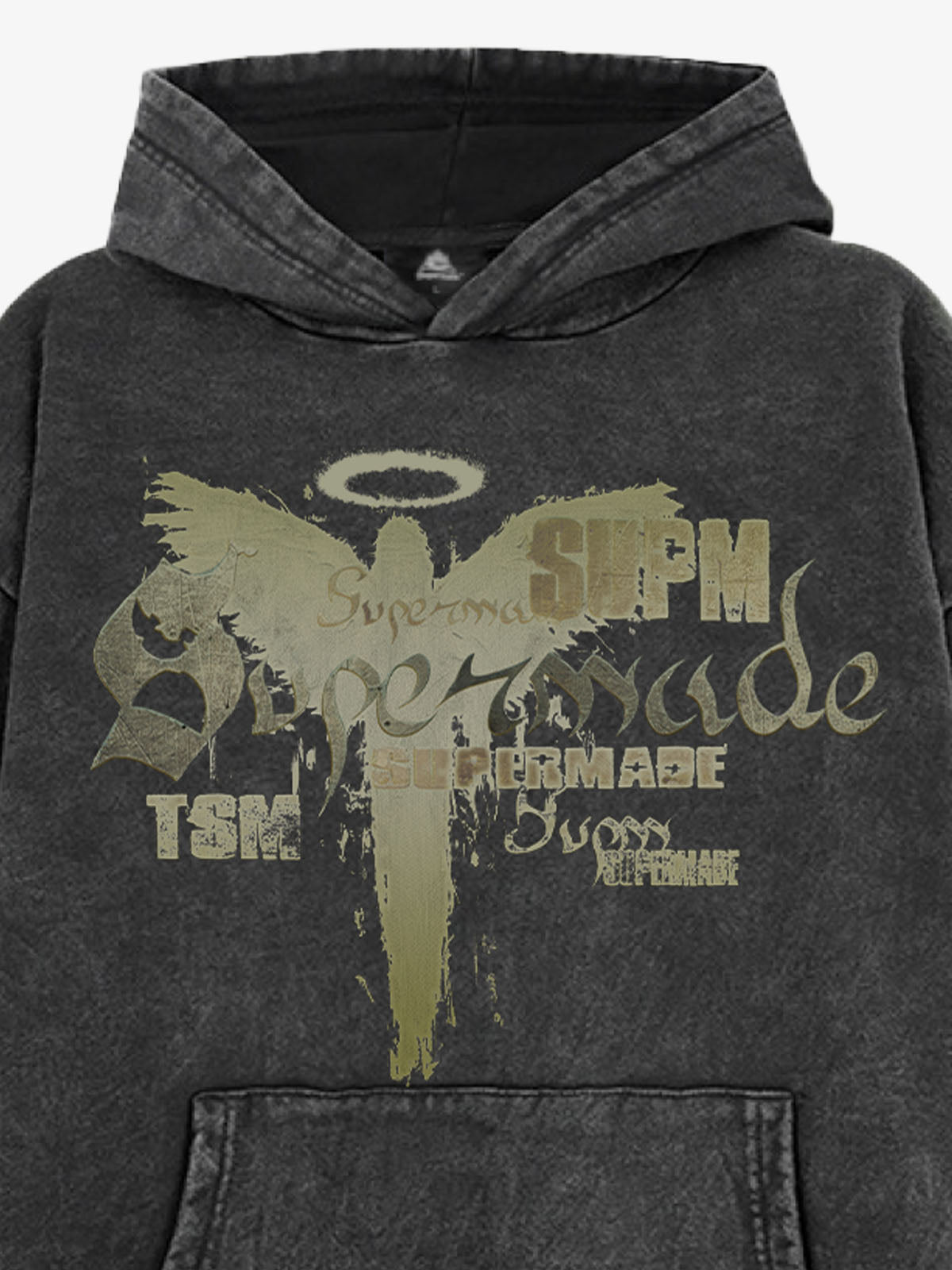 THE SUPERMADE A distressed trend print pattern hoodie that combines angel wings and gothic font elements 