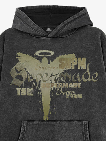 Vintage Washed Angel Halo Distressed Letter Graphic Hoodie 