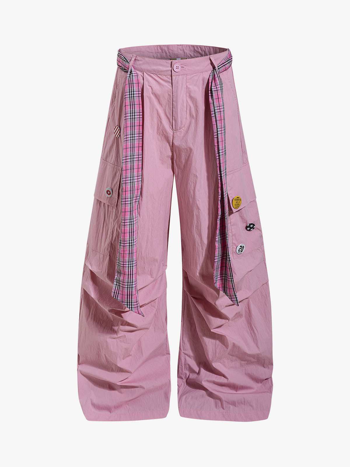 Plaid Straps Badge Cargo Pants 
