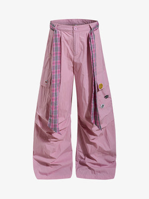 Plaid Straps Badge Cargo Pants 