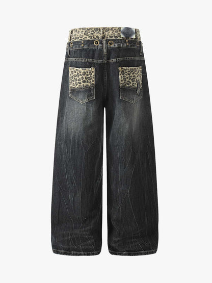 Denim Wide Leg Pants with Leopard Waistband and Gold Hardware 