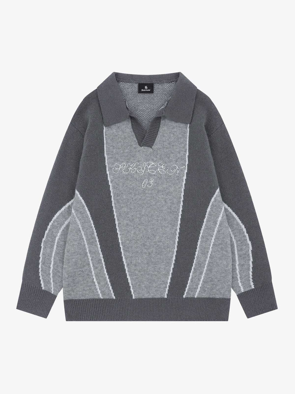 Contrast Panel Embroidered Polo Knit Sweater