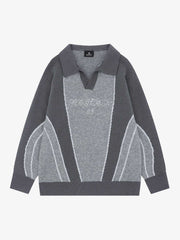 Contrast Panel Embroidered Polo Knit Sweater