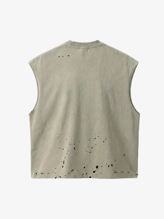 Distressed Graphic Sleeveless Cotton Vest