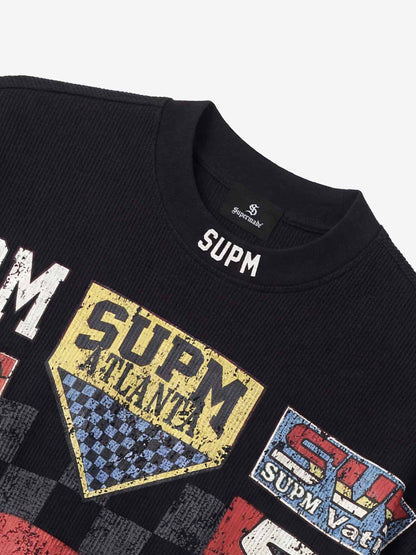 Cotton Oversized Graphic T-Shirt with Newspaper Print and Metal Eyelets 