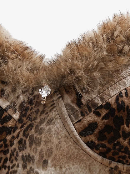 Leopard Fur Trim Fishbone Cami Top