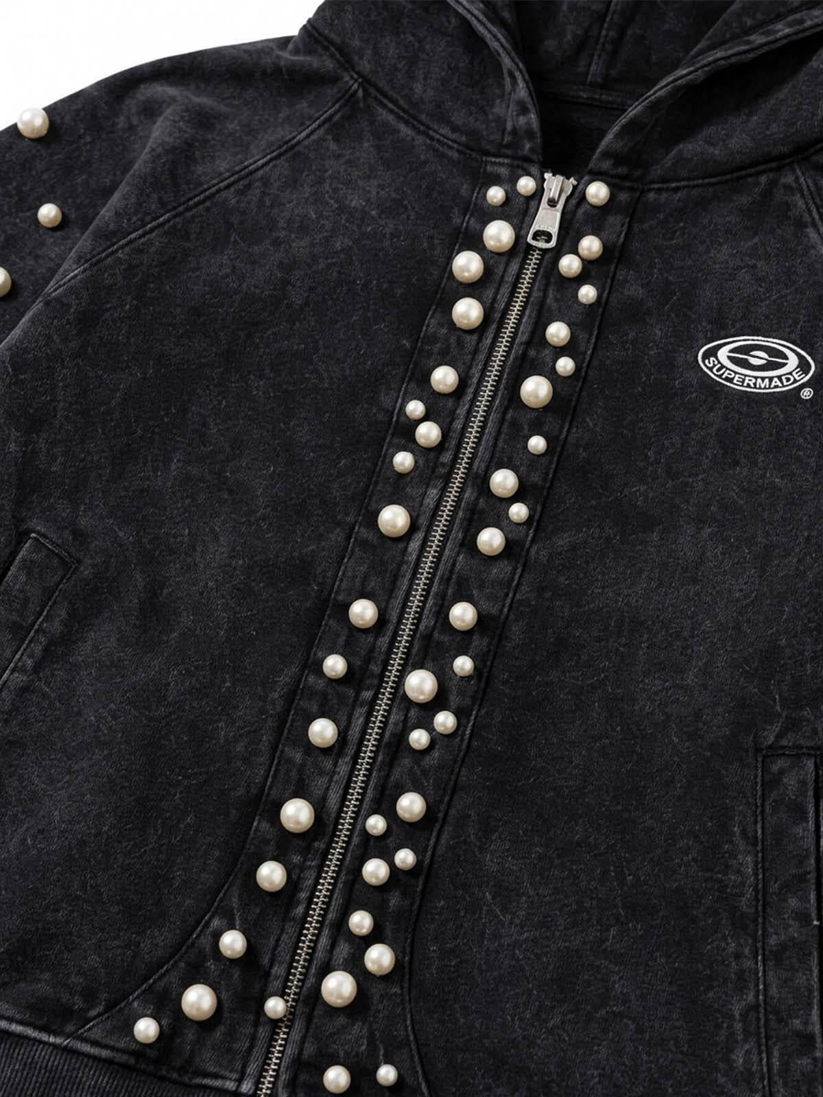 Pearl Studded Washed Distressed Cropped Hoodie