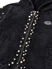 Pearl Studded Washed Distressed Cropped Hoodie