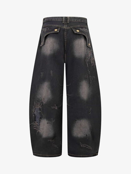 Vintage Washed Patchwork Distressed Barrel Jeans 