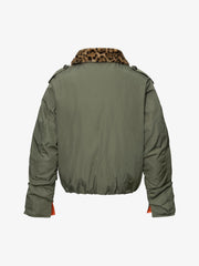 Leopard Faux-Fur Collar Button-Front Padded Coat